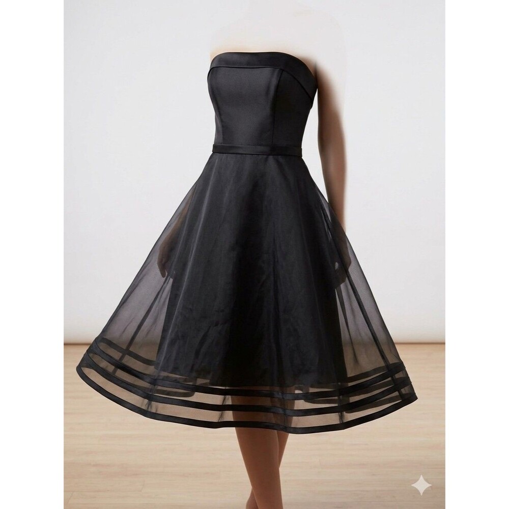 Mori Lee Madeline Gardner Black Strapless Cocktail Dress Sheer Banded Midi 9/10